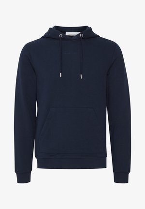 Marineblauwe hoodie van zacht materiaal, met een kangoeroezak, een capuchon met trekkoorden met metalen uiteinden, en elastische mouwen en zoom.