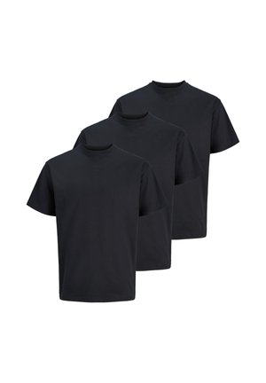 Tre ensfarvede sorte t-shirts med korte ærmer og rund hals formet diagonalt på en hvid baggrund.