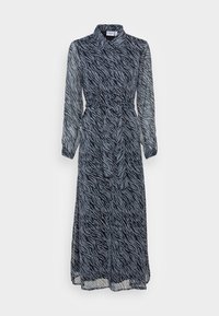 Robe longue bleu marine en tissu transparent avec un imprimé zèbre. Elle possède un col, des manches longues et une taille nouée pour une apparence cintrée.