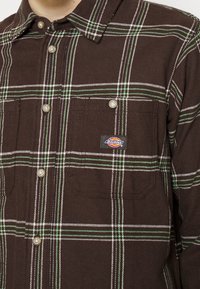 Chemise en flanelle à carreaux marron avec des rayures blanches et vertes, deux poches poitrine et un patch logo. Tissu texturé avec fermeture à boutons.