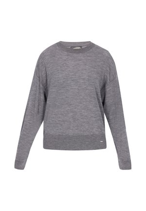 Pilkas megztinis su apvali iškirpte, ilgomis rankovėmis ir trumpa apačia. Pasižymi tekstūruota medžiaga ir subtiliu prekinio ženklo akcentu.