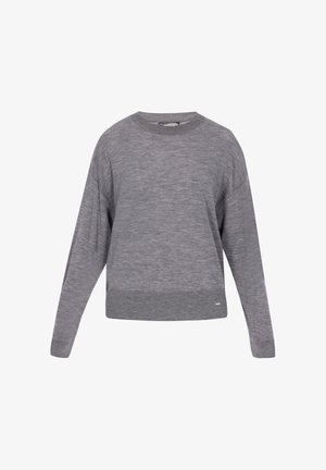 Grijze gebreide trui met een ronde hals, lange mouwen en een verkorte zoom. Voorzien van een gestructureerde stof en een subtiele merkdetail.