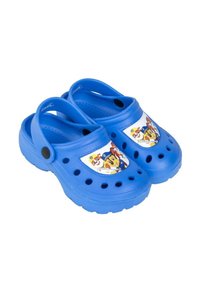 Blue plastic clogs with ventilation holes and a raised back strap, featuring a colorful cartoon character design on the upper.