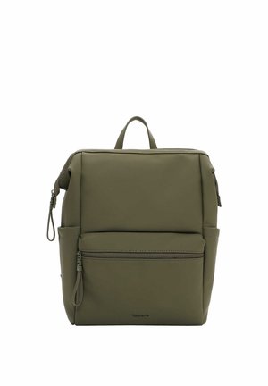 Olijfgroene rechthoekige rugzak met bovenhandvat, voorvak met rits, zijzakken en dubbele ritssluitingen.