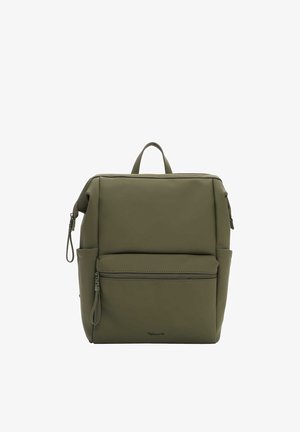 Olivgrüner rechteckiger Rucksack mit Tragegriff oben, vorderer Reißverschlusstasche, Seitentaschen und doppeltem Reißverschlussverschluss.