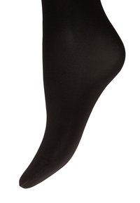 Collant neri in nylon caratterizzati da una texture liscia, design aderente, punta affusolata e senza motivi o dettagli visibili.