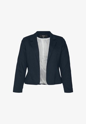 Navyblaues Blazer mit taillierter Passform, langen Ärmeln und glatter Textur. Gefüttert mit einem weißen Stoff, der vertikale Streifen aufweist.