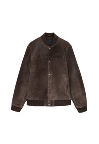 Brązowa kurtka bomberka zamszowa z zapięciem na guziki, prążkowanymi mankietami i pasem. Posiada kieszenie boczne i gładką fakturę.