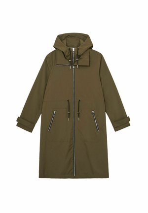 Olive green wodoszczelna kurtka z zamkiem błyskawicznym z przodu, dużymi przednimi kieszeniami, kapturem z regulowanym sznurkiem oraz podwijanymi rękawami z metalowymi akcentami w kolorze srebrnym.