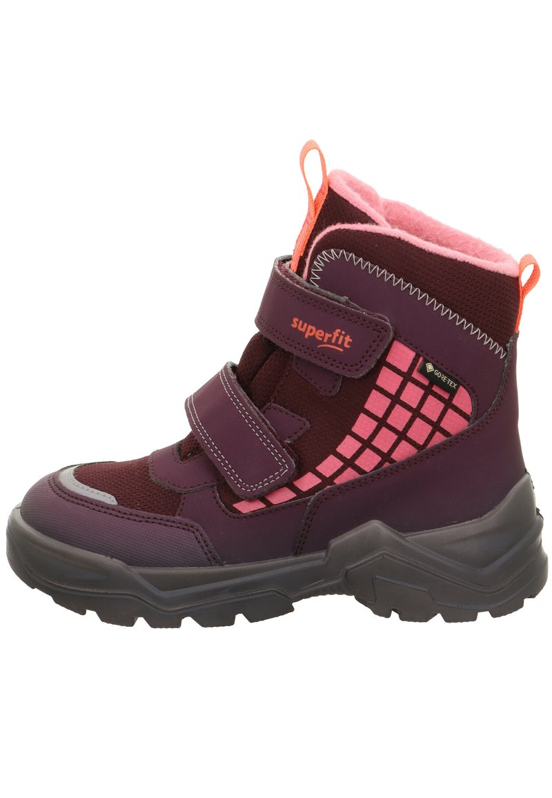 Wasserdichte Stiefel für Kinder in Dunkelpurpur und Pink, mit strukturiertem Obermaterial, zwei Klettverschlussriemen und Gummisohle mit rutschfesten Mustern.