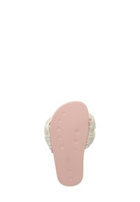 Lichtroze rubberen sandaal met een gegoten zool, voorzien van witte geweven banden en een logo-ontwerp. De zool heeft ronde grippatronen.