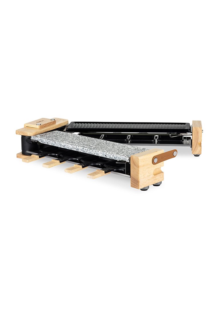 Gril électrique avec une surface de cuisson en pierre, cadre en métal noir, accents en bois et pieds ajustables pour la stabilité.