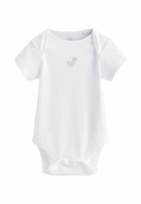 Short-sleeve white bodysuit made of soft cotton, featuring a small gray duck graphic on the chest and snap closures at the bottom.