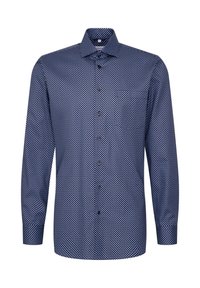 Donkerblauwe longsleeve shirt met kleine witte stippen, knoopsluiting aan de voorkant, puntige kraag en textielstructuur.