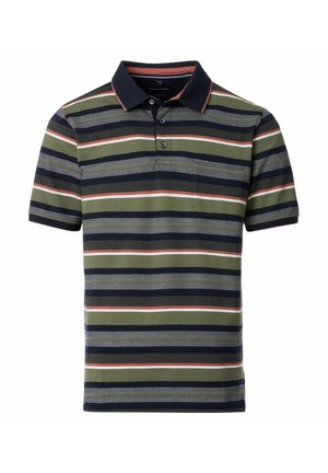 Striped polo shirt featuring dark green, navy, and coral horizontal stripes, with a navy collar and three buttons. Cotton blend material.