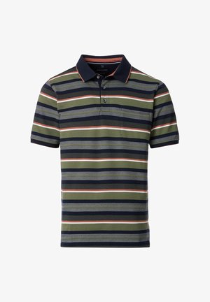 Gestreiftes Poloshirt mit dunkelgrünen, marineblauen und korallenfarbenen horizontalen Streifen, einem marineblauen Kragen und drei Knöpfen. Materialien mit Baumwollmischung.