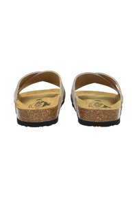 Cork-soled sandals with a light brown upper, featuring wide cross-straps and a textured black outsole for grip. Insole shows brand logo.
