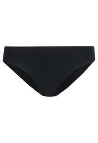 Zwarte bikini onderkant met een gladde textuur, minimalistisch design, lage taille en naadloze randen voor een gestroomlijnde uitstraling.