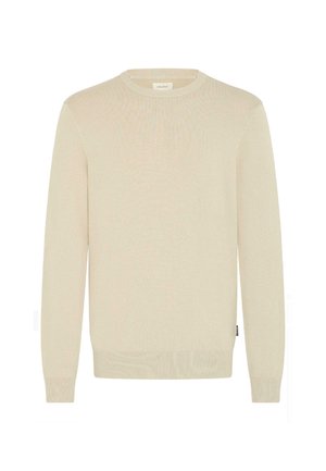 Light beige knit sweater with a round neckline, long sleeves, and ribbed cuffs and hem. Material is soft and smooth, featuring a subtle texture.