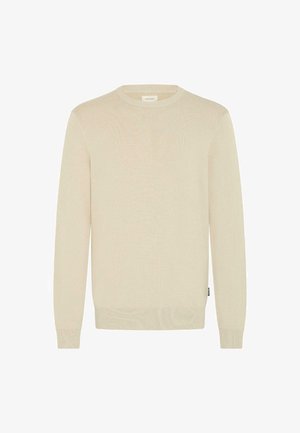 Pulover tricotat de culoare bej deschis, cu guler rotund, mâneci lungi și manșete și tiv cu dantelă. Materialul este moale și neted, având o textură subtilă.