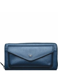 Navy blue leather wallet with a smooth texture, zip closure, and an envelope-style flap featuring a small silver logo accent.