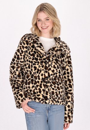 Leopardenmuster-faux-Fur-Jacke mit Reverskragen, zwei Knöpfen und zwei aufgesetzten Taschen vorne. Weiche Textur und warmes Design.
