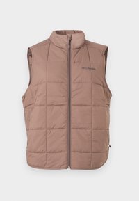 Veste matelassée marron sans manches avec fermeture éclair à l'avant et col haut, avec un logo Columbia sur la partie supérieure gauche de la poitrine.