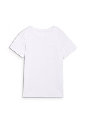 Prosty biały T-shirt z krótkim rękawem i okrągłym dekoltem, z małym haftowanym logo na piersi, ułożony płasko na białym tle.