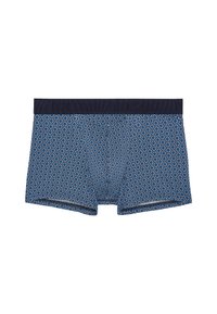 Boxers en coton à motifs bleus avec une taille marine, présentant un design géométrique et un tissu doux pour un confort optimal. Style standard de boxers.