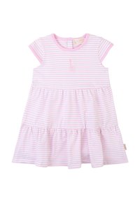 Abito a righe rosa e bianche realizzato in morbido cotone. Caratterizzato da maniche corte, una gonna a più strati e un piccolo disegno ricamato sul petto.