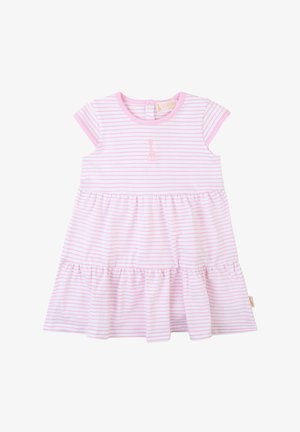 Abito a righe rosa e bianche realizzato in morbido cotone. Caratterizzato da maniche corte, una gonna a più strati e un piccolo disegno ricamato sul petto.