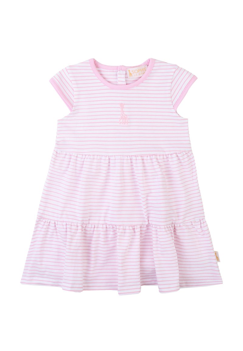 Abito a righe rosa e bianche realizzato in morbido cotone. Caratterizzato da maniche corte, una gonna a più strati e un piccolo disegno ricamato sul petto.