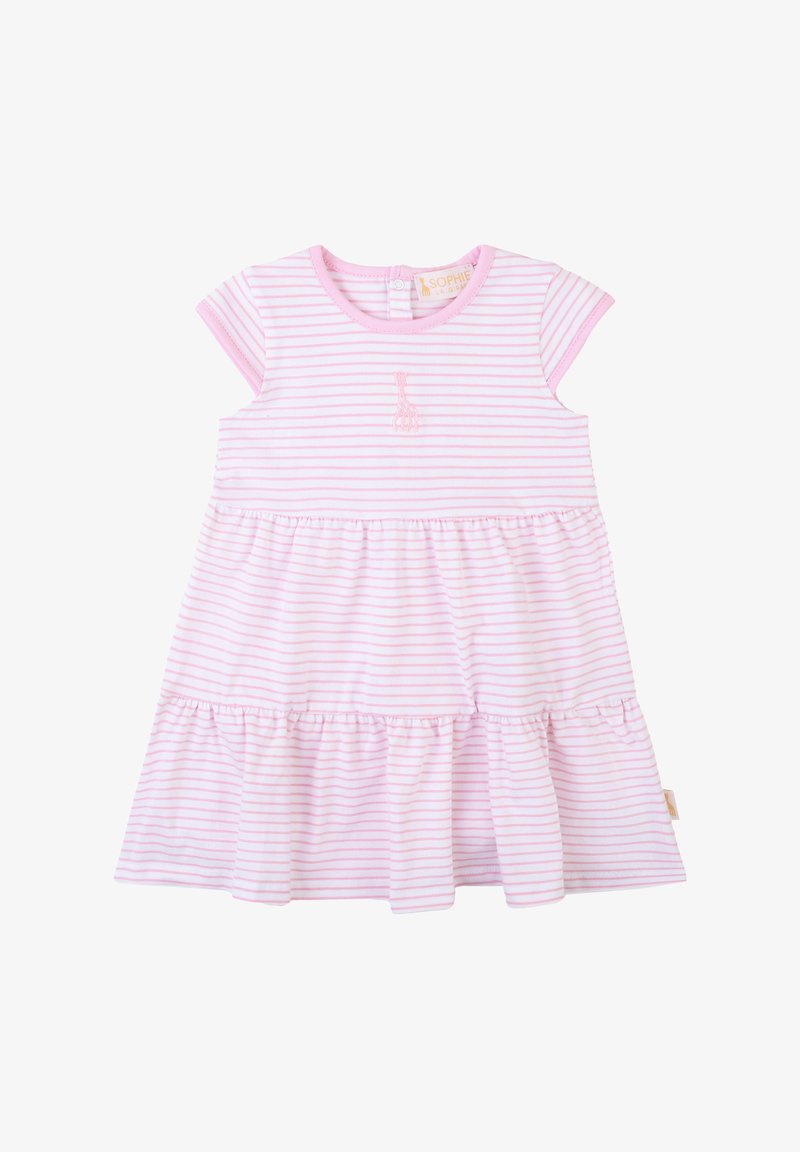 Abito a righe rosa e bianche realizzato in morbido cotone. Caratterizzato da maniche corte, una gonna a più strati e un piccolo disegno ricamato sul petto.