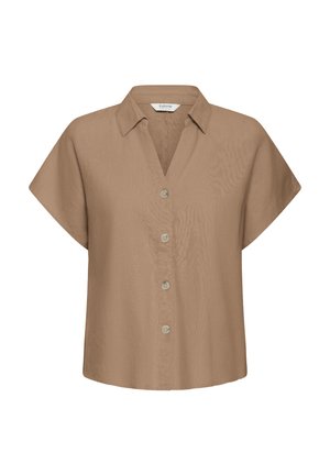 Camisa marrón de manga corta con botones, cuello, cuatro botones en la parte delantera y un ajuste suelto y cuadrado.