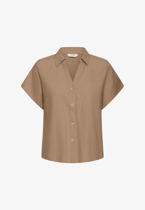 Chemise marron à manches courtes avec col, quatre boutons sur le devant et une coupe ample et carrée.