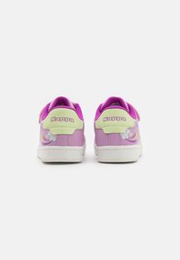 Pink synthetic sneakers with a light green accent and white sole. Features Kappa logo and a playful graphic on the heel.