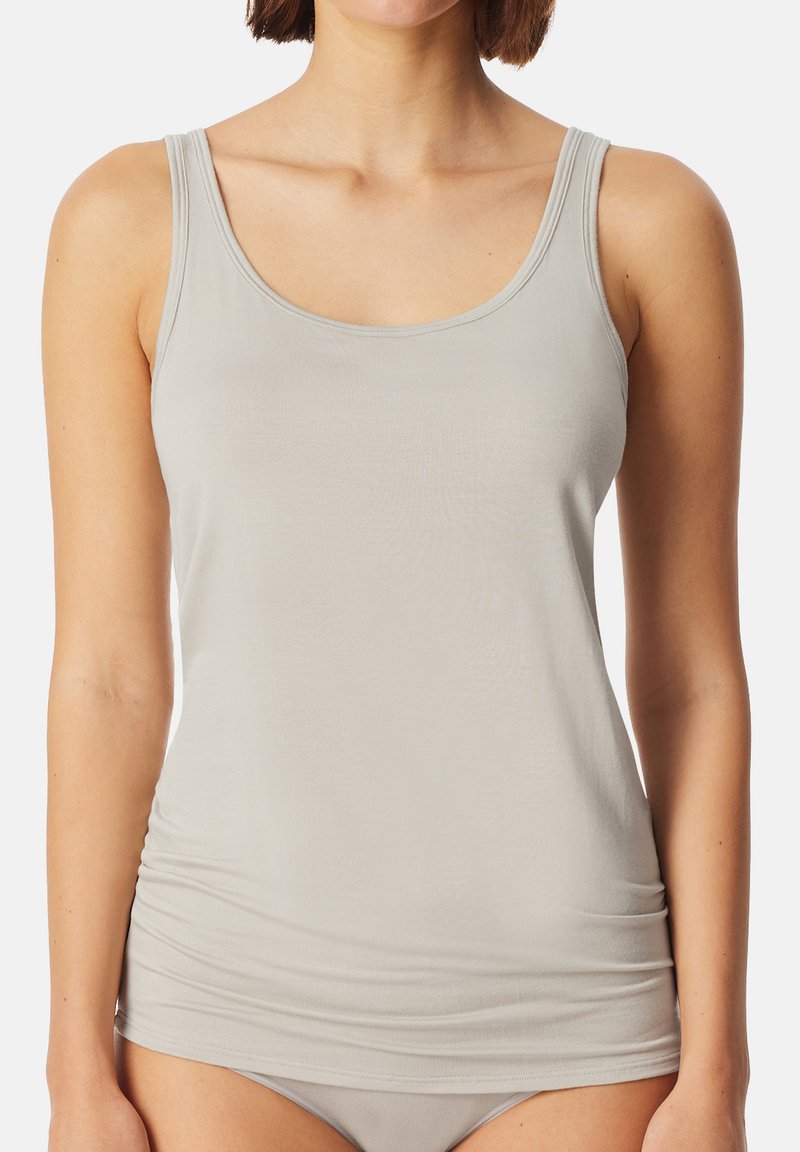 Light gray tank top, sleeveless with a rounded neckline, made of smooth fabric. Features gathered texture at the waist for a fitted look.