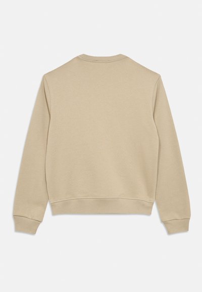 Sweatshirt beige à manches longues avec col rond, poignets et ourlet côtelés, montré de dos sur un fond blanc.