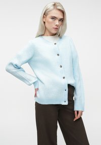 Kvinde med langt blondt hår iført en lyseblå knappet cardigan over en hvid top og mørkebrune bukser, stående med den ene hånd på hoften.