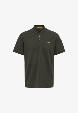 Dunkelgrünes Poloshirt aus Baumwollstoff. Mit Kragen, Knopfleiste mit drei Knöpfen und einem kleinen gelben Akzent-Logo auf der Brust. Kurzärmlig.