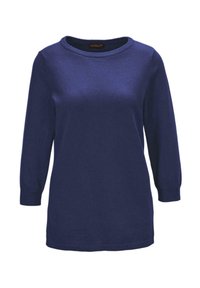 Marineblauer Langarmpullover mit rundem Ausschnitt, aus gestricktem Stoff gefertigt. Verfügt über gerippte Bündchen und Saum sowie eine glatte Textur.
