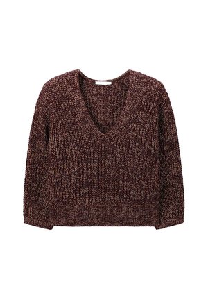 Pull col en V en maille épaisse tricoté avec un fil mélangé brun foncé et beige, manches longues, ourlet et poignets côtelés.