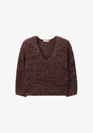 Dikgebreide V-hals trui in gemêleerd donkerbruin en beige garen met lange mouwen en geribde zoom en manchetten.