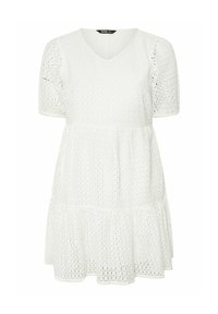 Vit klänning med V-ringning, korta puffärmar och en flerfaldig kjol. Tillverkad av strukturerad tyg med rutmönster och scallop-detaljer.