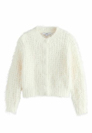 Cardigan alb pufo, texturat, cu mâneci lungi și închidere cu nasturi, având un gât rotund cu bordură rib și margine inferioară de tip rib.