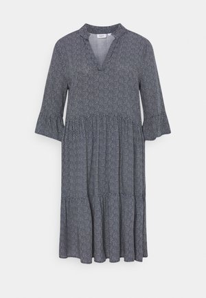 Marineblaues Kleid mit V-Ausschnitt, dreiviertel Ärmeln und mehrlagigem Rüschenrand. Verfügt über ein strukturiertes Muster. Leichter Stoff.