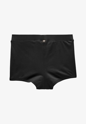 Sorte badeshorts med en glat finish, der har en lille metallisk logodetalje centreret på linningen.