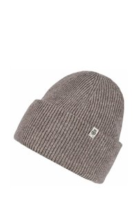 Gray knit beanie hat with a ribbed texture. Features a folded cuff and a small logo patch. Made of soft, warm material.