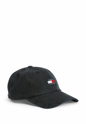 Zwarte denim baseballpet met gebogen klep en geborduurd Tommy Jeans-logo in rood, wit en navy op het voorpaneel.