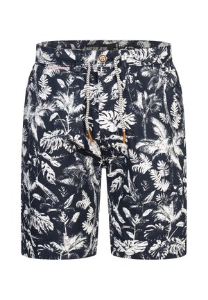 Granatowe szorty kąpielowe z białym wzorem tropikalnych liści, elastyczny pas ze regulowanym sznurkiem oraz zapięcie na guzik drewniany.